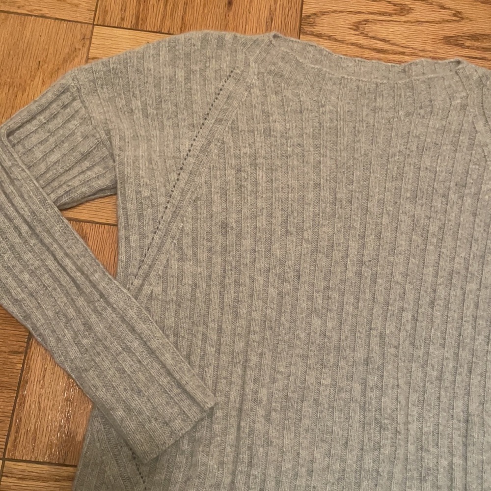 Grey Cashmere Knit Ribbed Sweater with Wide Neck - Picture 2 of 5